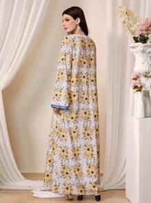 Al Najma Women's Floral All-Over Print Lace Decorated Long Tunic & Arabic Traditional Maxi Dress, Modest Kaftan - Multicolor - View 3