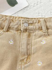 SHEIN Teens' Basic Casual Daisy Embroidery Denim Shorts - Khaki - View 3