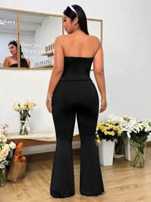 SHEIN EZwear طقم فستان مكون من 2 قطعة، توب أنبوبي أسود وبناطيل جينز واسعة الأرجل، مناسب للمقاسات الكبيرة، طقم ربيعي/صيفي - الأسود - مشاهدة 8
