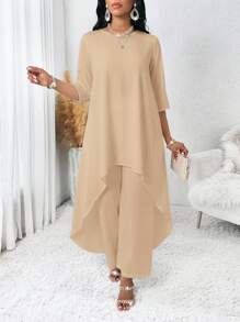SHEIN Lady Conjunto casual de talla grande de mujer con top de cuello redondo y mangas 3/4 con bajo asimétrico y pantalones de unicolor