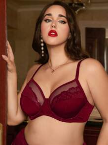 SHEIN Lace & Mesh Panel Padded Minimizer Plus Size Bra & Wireless Bra - Burgundy - View 9