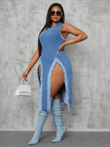 SHEIN SXY Plus Size Women Stretch Patchwork Distressed Frayed Hem High Slit Denim Dress Club Outfits Women Sexy Cowgirl Outfits For Women  Summer Outfits For Women Festival Outfits