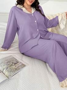 SHEIN Conjunto de pijama de manga larga con cuello con volantes, pantalones largos y colores contrastantes en talla grande