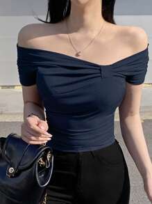 DAZY Women's Asymmetrical Bow Off Shoulder Casual Short Sleeve T-Shirt, Sexy & Minimalist Chic Summer Top