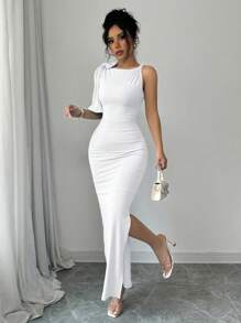 Rafferiza Sexy Form-Fitting Asymmetric Neck Left Shoulder Twist Right Shoulder Ribbon Ribbed Light Blue Women Long Dress - White - View 5