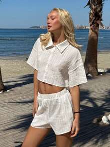SHEIN EZwear 2 Pieces Apricot Striped Short Sleeve Shirt And Shorts Set, Minimalist Fashion, Suitable For Summer - Khaki - View 1