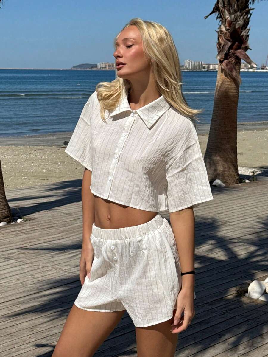 SHEIN EZwear 2 Pieces Apricot Striped Short Sleeve Shirt And Shorts Set, Minimalist Fashion, Suitable For Summer - Khaki - View 1