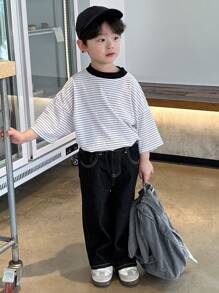 Dazy Kids 小男孩宽腿宽松休闲日常牛仔裤，带口袋，春夏秋装 - 黑色 - 查看 7
