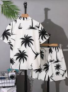SHEIN 2pcs/Set Tween Boys Casual College Style Hawaiian Shirt & Shorts Set, Suitable For School, Commute, Daily Life, Sports, Spring/Summer