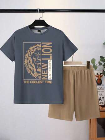 SHEIN 2 件装 Tween Boy 简约休闲短袖 T 恤和宽松舒适短裤睡衣套装，夏季