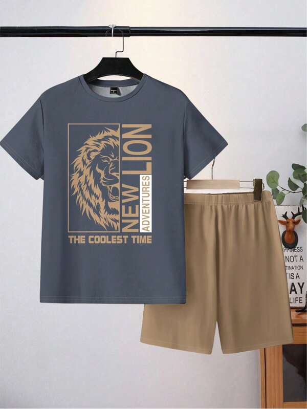 SHEIN 2pcs Tween Boy Simple Casual Short Sleeve T-Shirt And Loose Comfortable Shorts Pajama Set, Summer