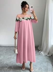 Elenzga Women's Romantic Mesh Patchwork Floral Embroidered 3/4 Sleeve Dress - Baby Pink - View 6