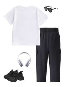 2pcs Young Boys Casual English Letter Print Short Sleeve T-Shirt And Cargo Pants Set, Summer Style - Multicolor - View 2