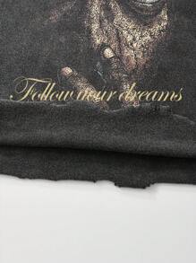 ROMWE MEN Street Life Men's Letter & Figure Print Washed Distressed T-Shirt And Shorts Casual Set - Black - View 5