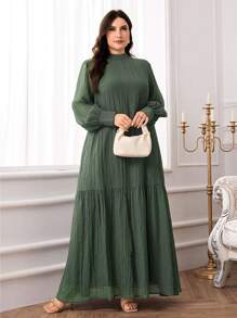 Veilorie Plus Size Casual Solid Color Textured Dress - Green - View 6