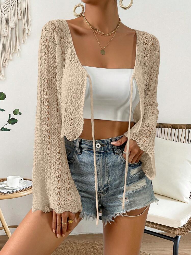 SHEIN Holidaya Urlaubs-Lässig einfarbiger Cardigan mit Fledermaus-Glockenärmel, Bindebund und Cropped-Schnitt - Aprikosenfarben - Übersicht 7