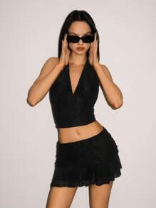 SHEIN ICON Sexy Halter Crop Tank Top & Mini Mesh Overlay Skirt Set, Solid Black Color - Black - View 4