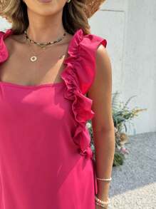 SHEIN LUNE Summer Women Outfit Elegant Going Out Tops Romantic Dress Pink Camisole A-Line Midi Dress With Lace Trim