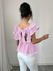 Elenzga Women's Backless Tie Ruffle Sleeve Fashionable Blouse - Pink - View 2