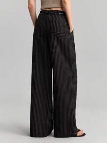Ontre Women's Black Pinstripe Woven Fabric Casual Long Pants With Pockets And Drawstring Waist - Black - View 4