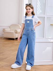 SHEIN Macacão Denim Básico e Confortável com Detalhes em Patch para Meninas Pré-Adolescentes, Roupa Casual Estilo Y2K para Uso Diário, Férias e Roupas de Verão e Primavera para Meninas Pré-Adolescentes