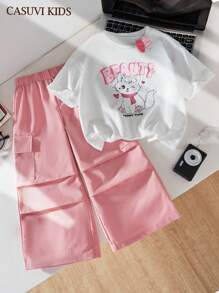 SHEIN Explorewe 2 件女童休闲可爱猫咪图案落肩宽松 T 恤和工装裤套装，幼儿 - 彩色 - 查看 1