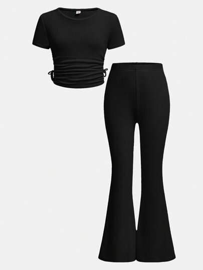 SHEIN Girlism Tween Girls 2 Pieces Set: Rib-Knit Solid Color Round Neck Fitted Pullover Top & Flare Leg Pants, Casual & Comfy