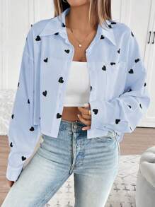 Chiquease Women's Valentine's Day Heart Print Short Front Long Back Blouse Fall Cloth For Women - Blue - View 4