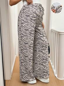SHEIN Maternity Zebra Stripe Tie-Up Elastic Waist Loose Fit Pants - Khaki - View 1