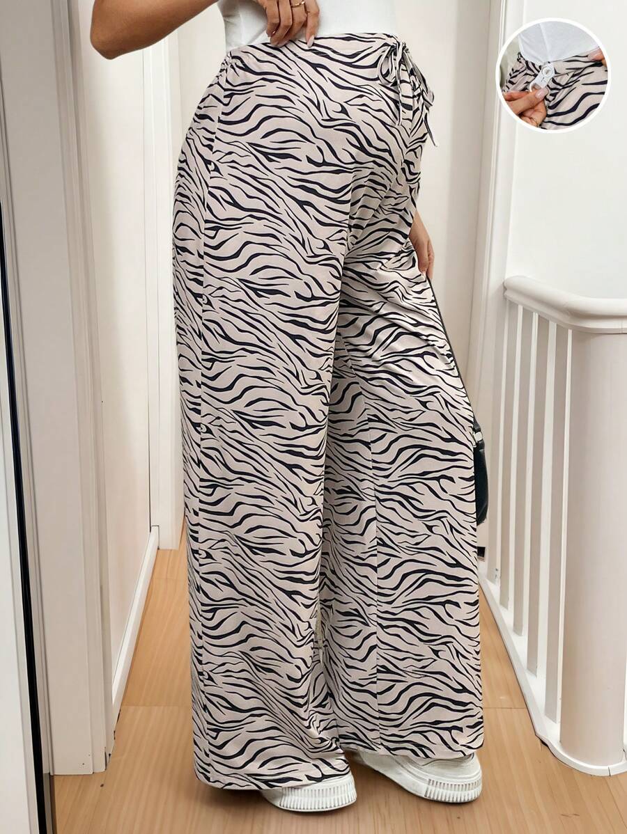 SHEIN Maternity Zebra Stripe Tie-Up Elastic Waist Loose Fit Pants - Khaki - View 1