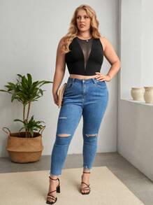 SHEIN Privé Áo hai dây Plus Size Tương phản Mesh cắt màu trơn Gợi cảm - màu đen - Xem 4