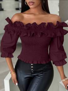 Elenzga 女式纯色褶饰露肩短款上衣