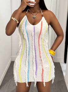 Slaydiva Nouvelle arrivée été 2025, Robe tricotée polyvalente à volants, perles, rayures de couleur, nœud au cou, dos nu sexy pour femmes, idéale pour festival de musique, Pâques, style western, nomade, Saint-Patrick, anniversaire, remise des diplômes, étudiant, usage quotidien décontracté, loisirs, croisière, plage, bronzage