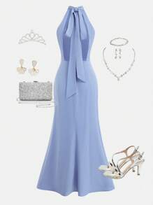 SHEIN Girlism Teenager Mädchen blaues Kleid mit Stehkragen, Meerjungfrauenrücken-Bindung, super eleganter Rücken mit großer Schleife, geeignet als Brautjungfernkleid/Kleid für Hochzeitsgäste, passend für festliche Anlässe, Veranstaltungen, Hochzeiten