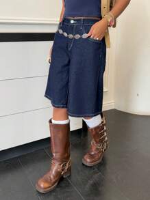SHEIN Quần short Bermuda dáng rộng cạp thấp, chất liệu denim wash trơn, phong cách đường phố Y2K dành cho nữ tuổi teen, quần short denim dài có đường may, thích hợp cho kỳ nghỉ hè, đi xem hòa nhạc, tiệc brunch, lễ tốt nghiệp. - Rửa tối - Xem 5