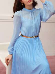 MOTF Classy SHEER ROUND NECK PLEATED SUMMER DRESS - Blue - View 2