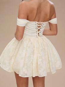 SHEIN BAE 女士夏季服装婚礼宾客露肩花卉纹理泡泡优雅女士迷你连衣裙/女士连衣裙/女士夏季服装/舞会礼服/女士婚礼宾客礼服/毕业礼服 - 杏色 - 查看 2