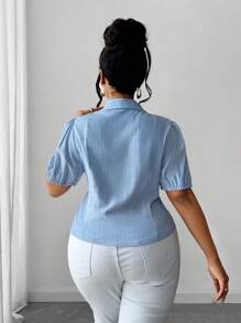 Maweii قميص كاجوال نسائي مقاسات كبيرة بأكمام منتفخة قصيرة بخطوط وأزرار أمامية