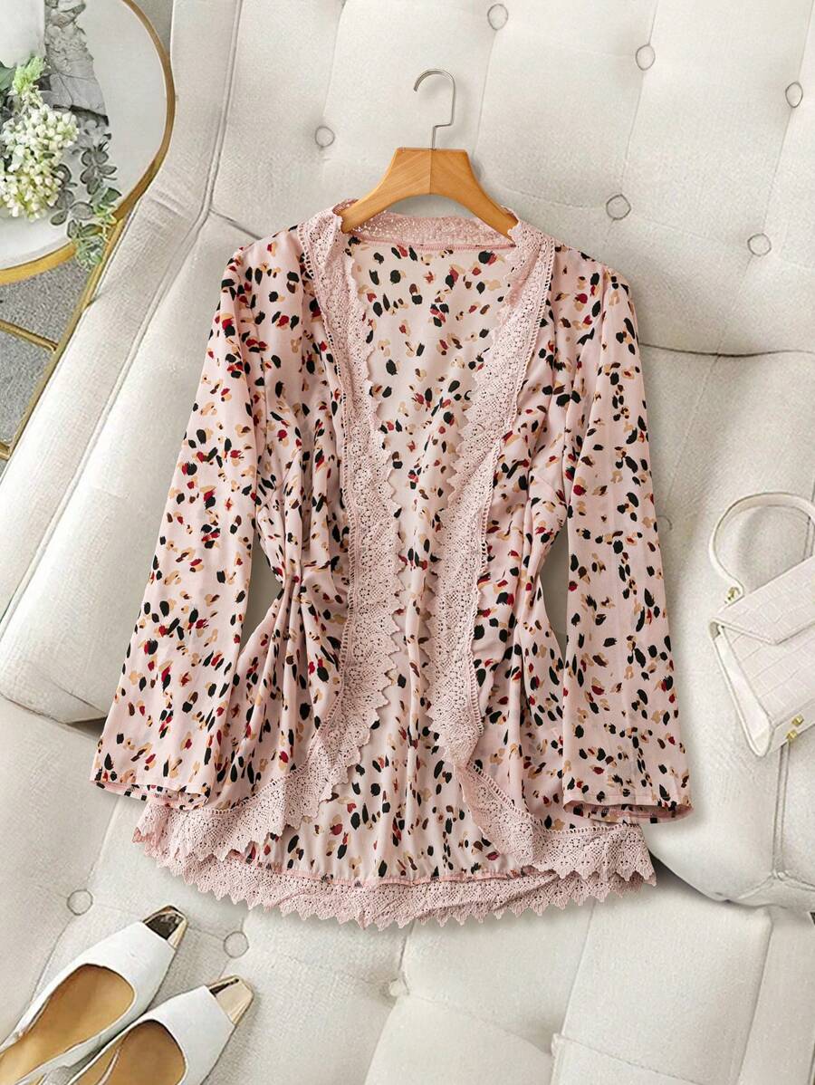 EMERY ROSE Plus Size Fashion Allover Print Contrast Lace Long Sleeve Thin Blazer, Summer For Women, St. Patrick's Day, Rave, Festival, Spring Break, Boho - Multicolor - View 1