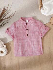 SHEIN 1 件装男婴休闲百搭卷袖按扣衬衫