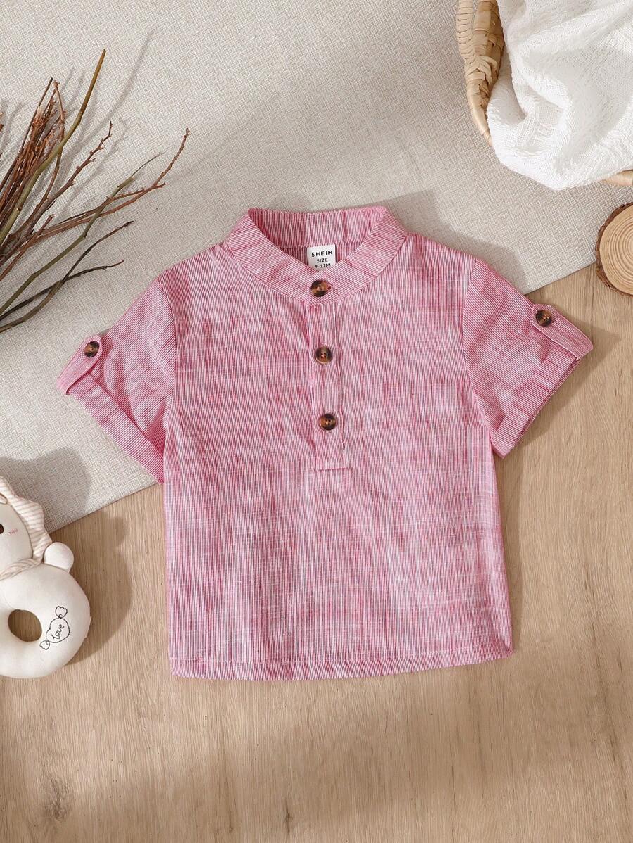 SHEIN 1 件装男婴休闲百搭卷袖按扣衬衫