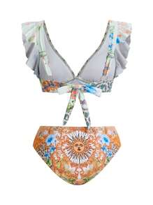 Swim Oasis Women's Summer Floral Ruffle Bikini Set With Cover-Up Sarong Skirt - Orange - View 5
