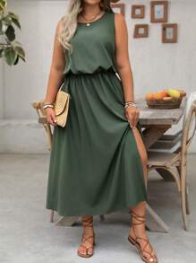 Linhara 大码 LUNE 无袖圆领纯色休闲通勤连衣裙，收腰，下摆开衩，适合女性 - 綠色 - 查看 5