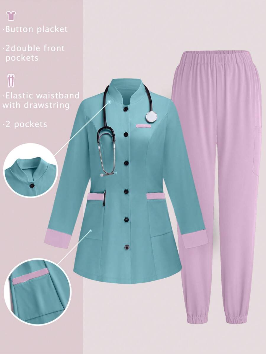 TaskEZ 1 Set Simple Solid Color Long Sleeve Shirt And Long Pants, Modern /Nursing Scrub Uniform, Suitable For Summer - Mint Green - View 1