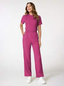 TaskEZ Conjunto de uniforme de scrubs sencillo con cuello alto y cintura ajustada - Rosa Fucsia - Ver 3