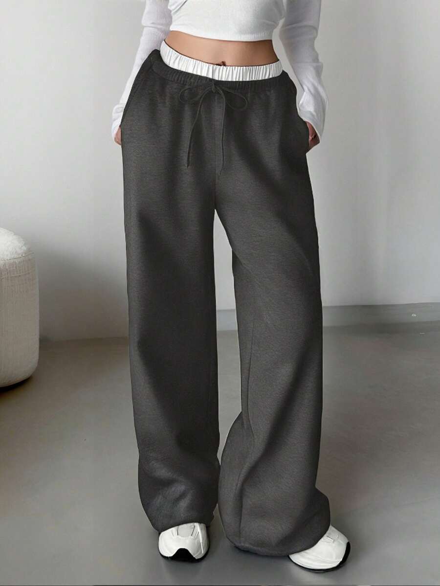 SHEIN Tween Girls' Solid Color Straight Leg Casual Knit Pants