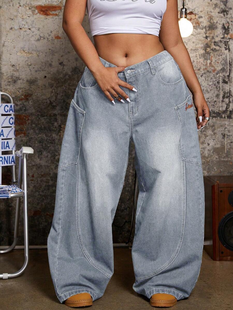 SHEIN ICON Plus Size Women Pockets Loose Fit Wide Leg Casual Versatile Jeans 2000s Style Baggy - Grey - View 1