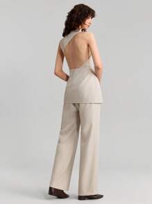 Ontre Set da 2 pezzi casual da donna stile urban, in colore cachi, smanicato con collo tondo, pantaloni, adatto per la Primavera/Estate, nuovo stile per festival musicali e lauree del 2025
