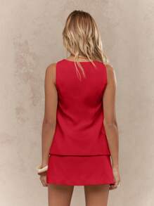 MISSGUIDED Luxury Button-Front Set Two-Piece Suit Mini Skirt Asymmetric Waistcoat Summer Party Sleeveless Event Structured Set - Red - View 2