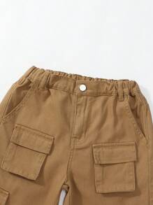 Boys' Casual Multi-Pocket Elastic Waist Cargo Washed Denim Pants - Khaki - View 4
